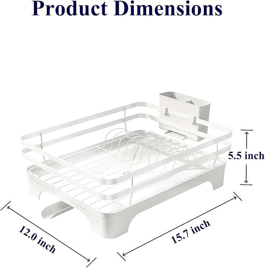 Kitsure Dish Drying Rack - Multi-Functional Dish Rack for Kitchen Counter with Cutlery Holder, Rust-Proof Storage Solution with Rotatable, 15.7" x 12.0" x 5.5", White