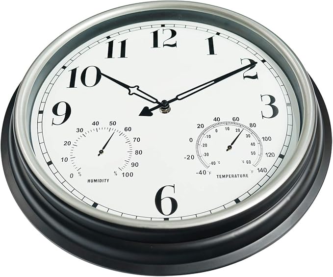 Rsobl 16 Inch Large Indoor Outdoor Wall Clock,Waterproof Non-Ticking Clock with Thermometer and Hygrometer Combo,Battery Operated Clock Wall Decorative- Silver