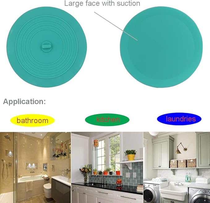 V-TOP Tub Stopper 2 Pack, 6 inches Large Silicone Drain Plug Hair Stopper Flat Suction Cover, Bathtub Accessories for Kitchen Bathroom and Laundry