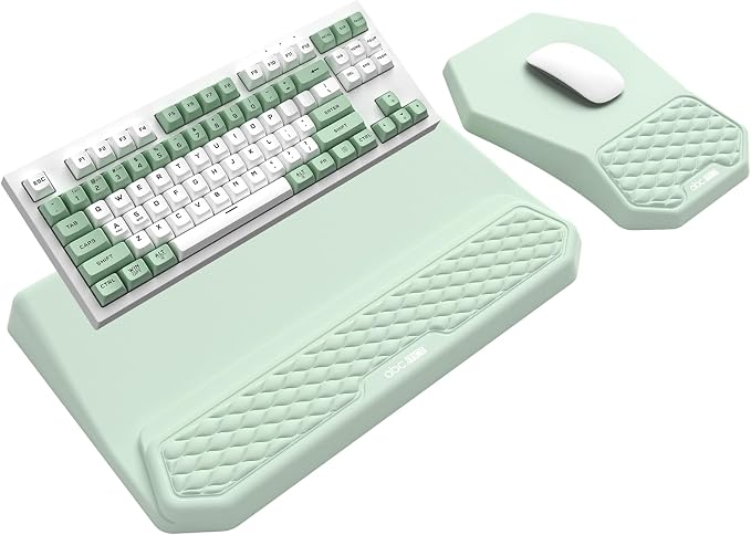 3-in-1 Ergonomic Keyboard Stand with Wrist Rest & Mouse Pad Set, Comfy Keyboard Riser Holder Soft Mousepad with Massage Design, Memory Foam and Non-Slip PU Base for Pain Relief, Light Green