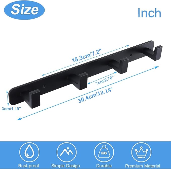 Coat Rack, Heavy Duty Stainless Steel 4 Tri Coat Hook Hanger, Wall Mounted Storage Wall Hooks, Rustic Clothes Hook/Key Hook Rail for Bathroom Kitchen Entryway(4 Hook Black)
