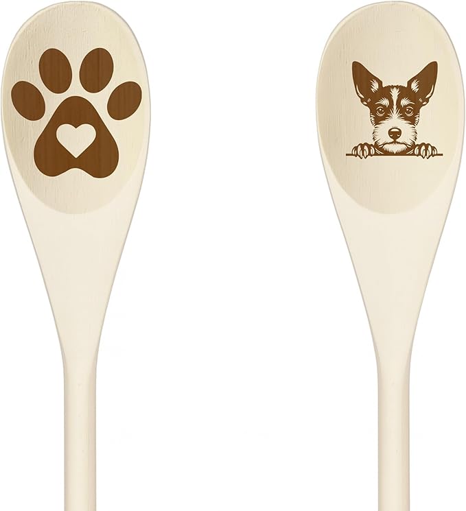 TOY FOX TERRIER Wooden Spoons for Cooking, Serving or Decorative Kitchen Utensils Set Dog Lover Dog Mom/Dad Gift with Peeking Dog Designs, Paw Print and Dog Head, Kitchen Utensils Set of 2
