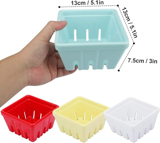 Yiksonyo 4 Pack Ceramic Berry Basket, 5.1 Inches Square Ceramic Fruit Bowls with Draining Holes, Rustic Stoneware Berry Bowls for Strawberries, Grapes, Cherries & More