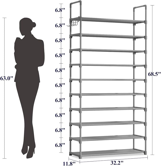 Kitsure Shoe Rack for Closet - 10-Tier Shoe Organizer with Hook Rack, Large-Capacity & Space-Saving Shoe Shelf for Entryway, Bedroom, Living Room,32.2" x 11.8" x 68.5", Gray