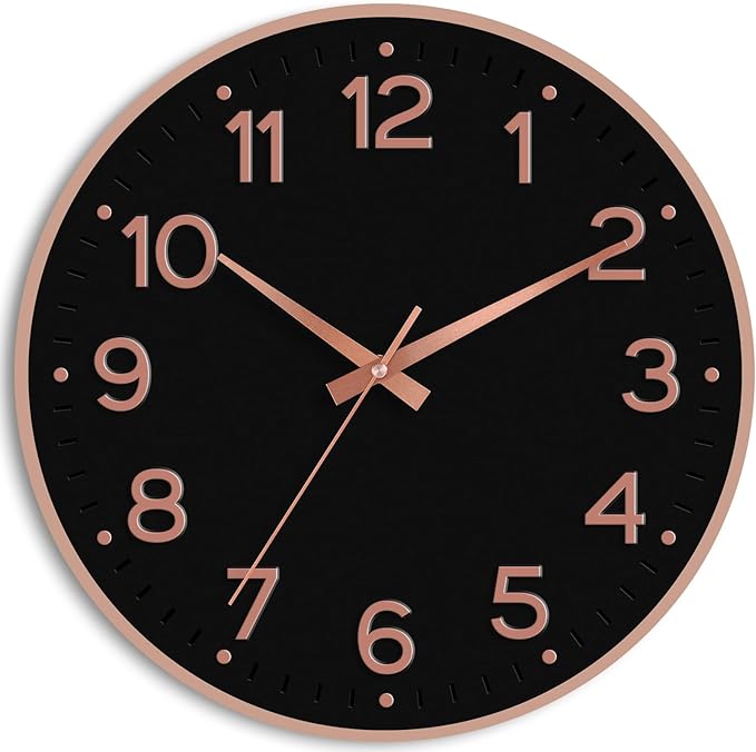 Roymnie Wall Clock 10 Inch Silent Wall Clocks Battery Operated-Modern Non Ticking Analog Clock Decorative for Kitchen Bedroom Office (Black Rose Gold)
