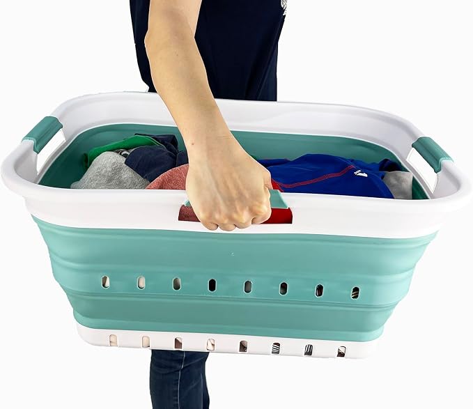 SAMMART 42L (11 gallon) Collapsible Plastic Laundry Basket - Foldable Pop Up Storage Container/Organizer - Space Saving Hamper/Basket (1, White/Celadon Green)