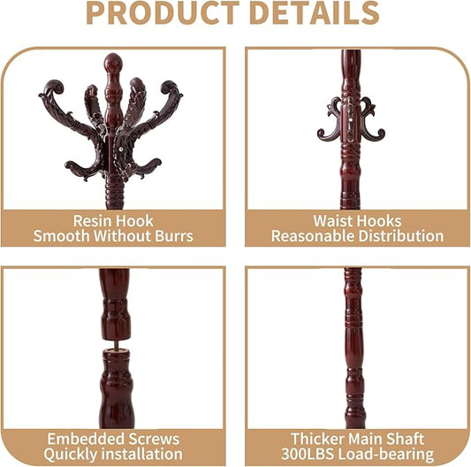 ZOZOE Wooden Classic Coat Rack Stand, Solid Wood Coat Rack Freestanding with 14 Hooks, Vintage Coat Racks with Sturdy Round Base, Natural Birch Wood Coat Tree Hanger Stand for Entryway Hallway