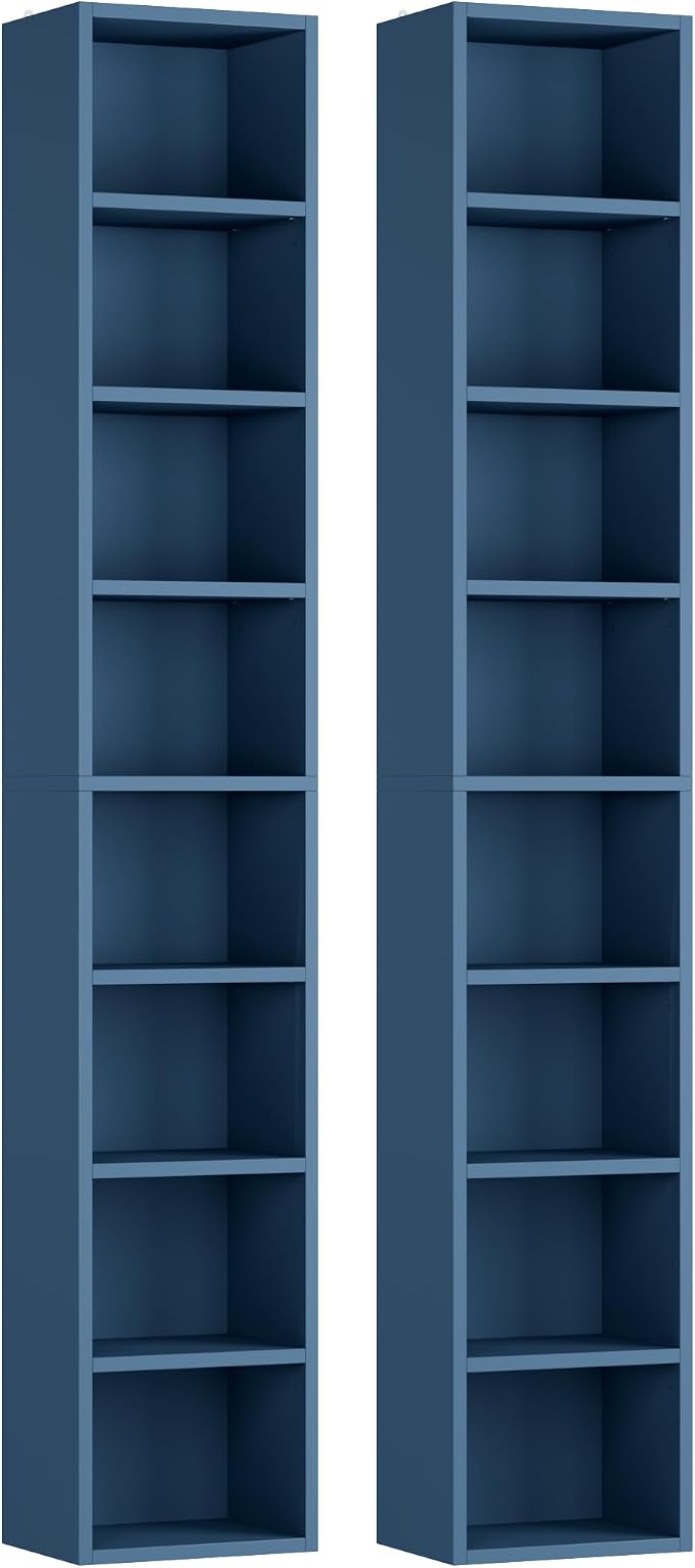 FOTOSOK 2 Pcs 71'' Tall Narrow Bookshelf, 8-Tier Media Tower Rack Set of 2, CD DVD Storage Cabinet with Adjustable Shelves, Tall Narrow Bookcase Skinny Display Bookshelf Slim Shelf, Blue