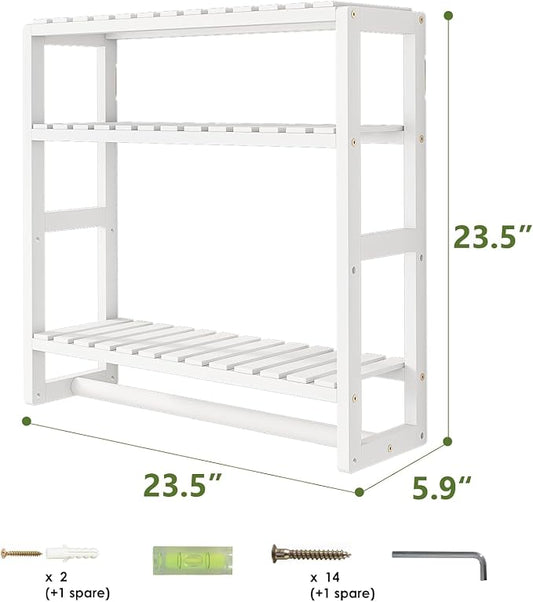 Galood Over The Toilet Storage Bathroom Shelves Wall Mounted 3 Tier Space Saver Corner Shelf Organizer Bamboo Towel Rack Toilet Paper Cabinet with Hanging Rod White