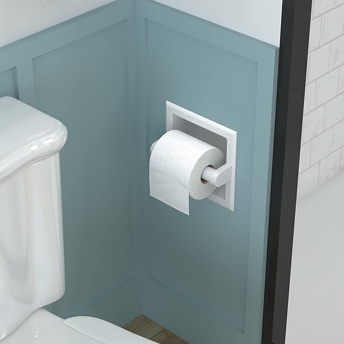 FORIOUS Recessed Toilet Paper Holder, Stainless Steel Durable Tissue Roll Holder Wall Mount for Bathroom Space Saving Design with Mounting Bracket, in Wall Toilet Paper Dispenser Insert, White