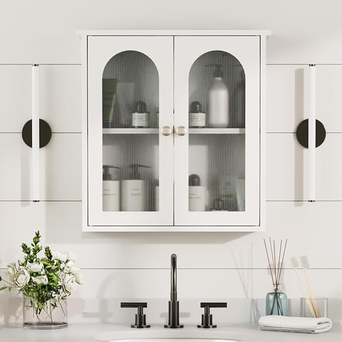 White Bathroom Wall Cabinet,Bathroom Cabinet Wall Mounted with Arched,White Medicine Cabinet Over Toilet,Surface Mount Medicine Cabinet for Laundry Room,Kitchen,Storage Cabinet 22x23