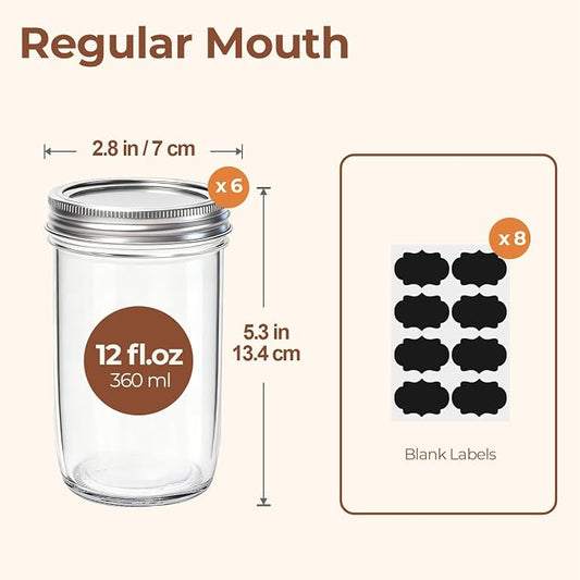 ComSaf 12 oz Mason Jars with Lids 6 Pcs, Regular Mouth Canning Jars with Seal Bands, 12 oz Glass Jar with lid for Soft Drinks, Juice, Jam, Jelly, Sauce, Dessert, Overnight Oats, Pickles