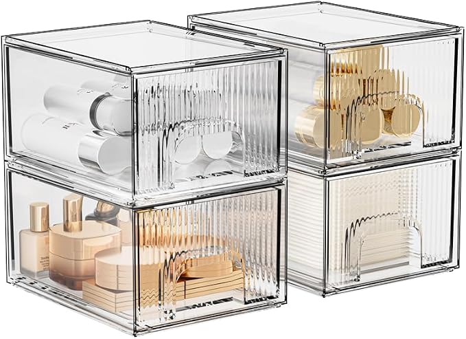 ZHIAI 4 Pack Clear Stackable Storage Drawer, Acrylic Drawer, Cosmetic Organizer, Plastic Organizer for Dresser, Under, Kitchen Cabinet, Pantry, Home Organization and Storage