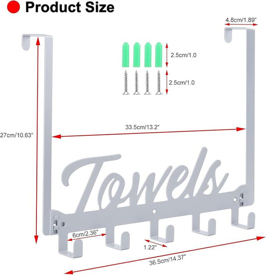 Azmoncy Over The Door Hooks, Towel Hook Towel Holder Over Door Towel Hanger Door Hanger with 5 Coat Hooks Towel Rack for Bathroom Bedroom Kitchen, Chrome