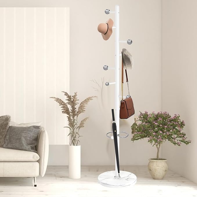Modern Metal Coat Rack Stand, Coat Rack Freestanding with Natural Marble Base,Sturdy Heavy Duty Coat Racks with 8 Hooks, White Coat Hall Tree Stand for Entryway, Office