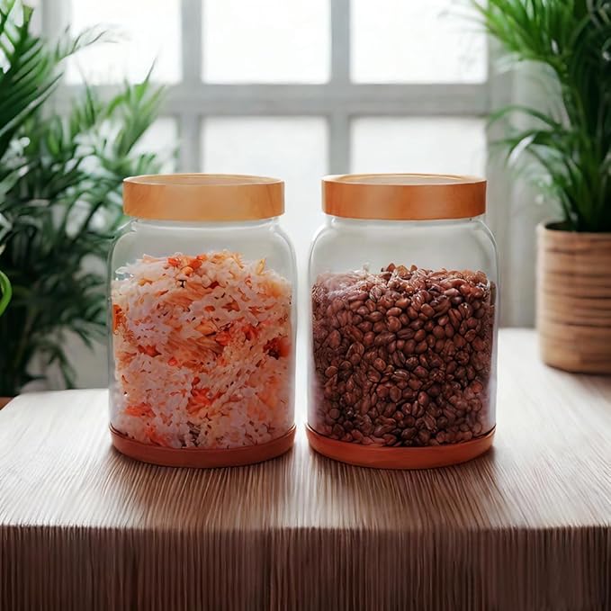 SAIOOL 2-Pack Striped Borosilicate Glass Airtight Canisters - Big mouth Large Capacity, Acacia Wood Lid, Food Storage Jars for Flour, Pasta, Pantry Organization (3/4 Gallon (Strew 2 pack))