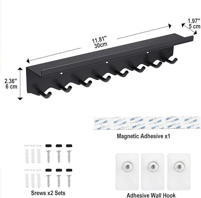 Key Holder Wall Mount, Magnetic Key Hooks and Mail Organizer Tray with 8 Hooks, Adhesive Key Rack Hanger for Entryway, Refrigerator, Black