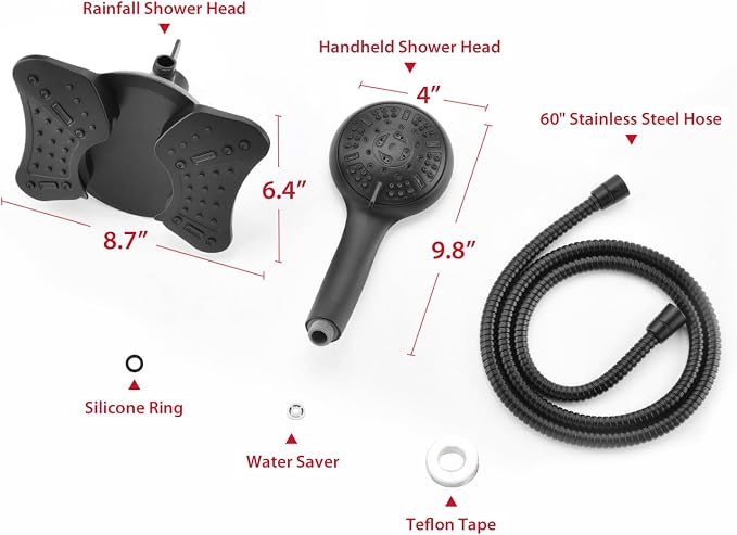 GRICH 2.5GPM Shower Head with Handheld Spray Combo: 2 in 1 Rainfall Shower Heads high pressure & Handheld Shower Head, 9 Spray Modes/Settings Detachable Shower Head with 60 Inch Hose, Black