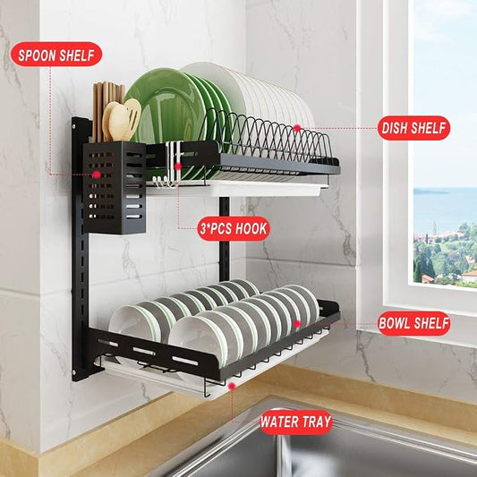junyuan Kitchen Dish Rack,Hanging Dish Drying Rack Organizer Storage Shelf Over Sink,2 Tier Wall Mount Bowl Holder with Drain Tray and Silverware Stainless Steel Black Coating Ajustable Height
