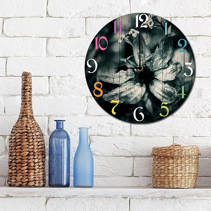 Daisy Wall Clock 10 Inch Silent Non Ticking Battery Operated Wooden Modern Office Simple Minimalist Clock Decorative for Kitchen Home Bathroom Living Room