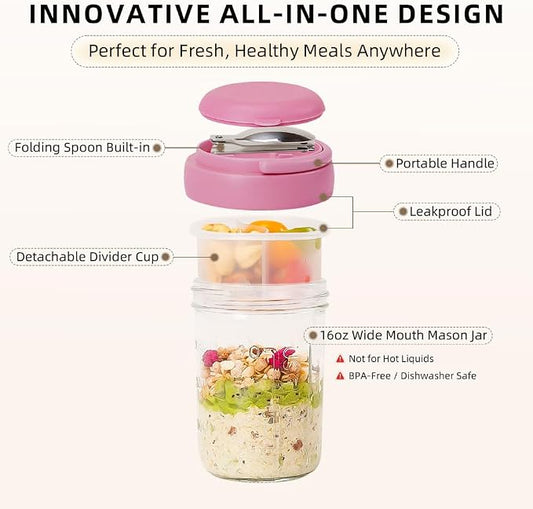 UWILLION Overnight Oats Containers with Handles, 16 oz Glass Mason Jars with Lids, Folding Spoons & Topping Compartments, Yogurt Parfait Cups for Meal Prep, Chia Pudding, Breakfast to Go, 2 Pack