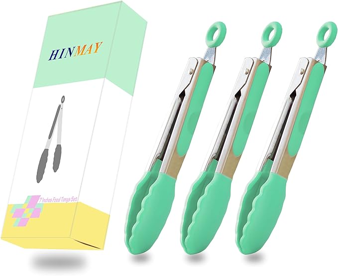 HINMAY Mini Tongs with Silicone Tips 7 Inches Silicone Cooking Tongs, Set of 3 (Mint)
