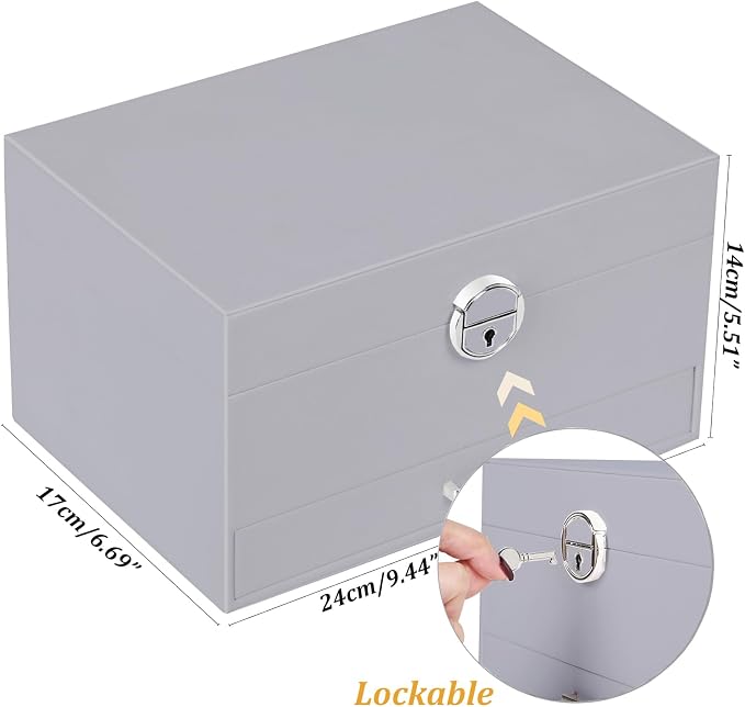 QBestry Earring Jewelry Box for Women Girls Stud Organizers, 5 Layers Grey Jewelry Organizer Box with Lock Necklaces and Earrings Holder Jewelry Box with Earring Organizer for Women Girls Xmas Gifts