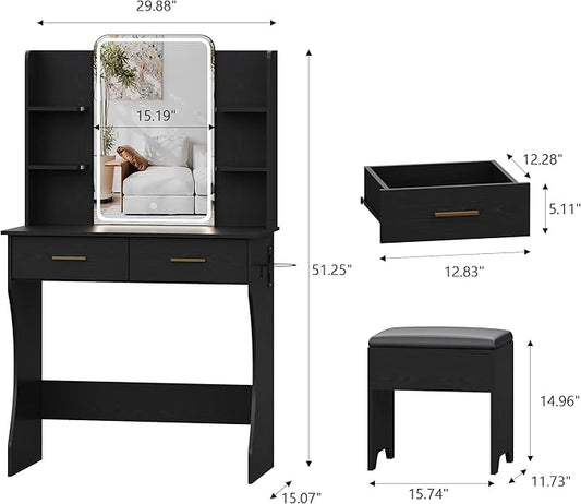 Small Vanity Desk with Mirror and Lights, Makeup Vanity with LED Lights, Black Vanity Mirror with Lighted Desk and Chair, 3 Lighting Adjustable Compact Dressing Table with Mirror for Women, Girls