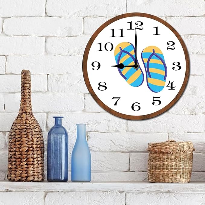 Summer Flip Flops Wall Clock 10 Inch Wooden Battery Operated Autumn Forest Maple Leaves Wall Clocks Decorative Indoor,Decorative for Kitchen Bathroom Bedroom