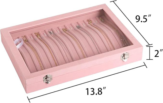 Frebeauty 15 Hooks Necklace Tray Velvet Neckalce Organizer with Clear Lid Lockable Necklace Holder Box Jewelry Organizer for Pendants Chains Necklace Jeweley Tray for Women Girls(Pink)