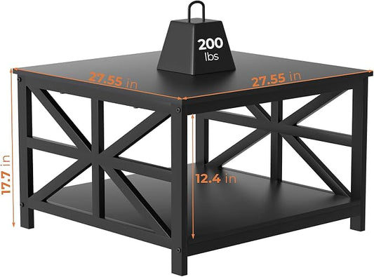 GreenForest Modern Living Room Coffee Table with 2 Tier Storage, Small Square Wood and Metal Farmhouse Center Table with Seamless One-Piece Tabletop, 27.55 Inch, Black