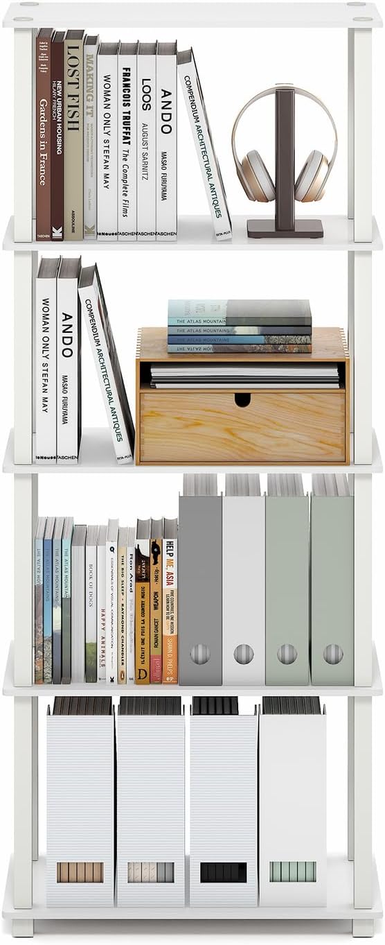 Furinno Turn-S-Tube Book Shelf, 5-Tier Toolless Storage Shelves with Square Tubes, Shelving Unit for Organization and Storage for Living Room, Home Office, White