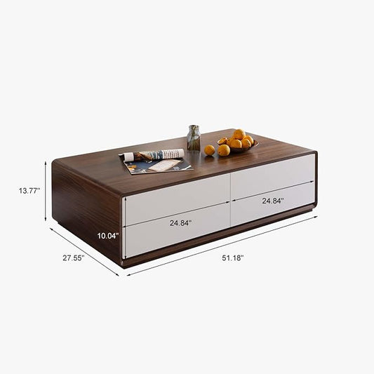POVISON Modern Coffee Table with 4-Drawer, 51 inch Rectangle Coffee Table for Living Room,Full-Assembled, Walnut and White