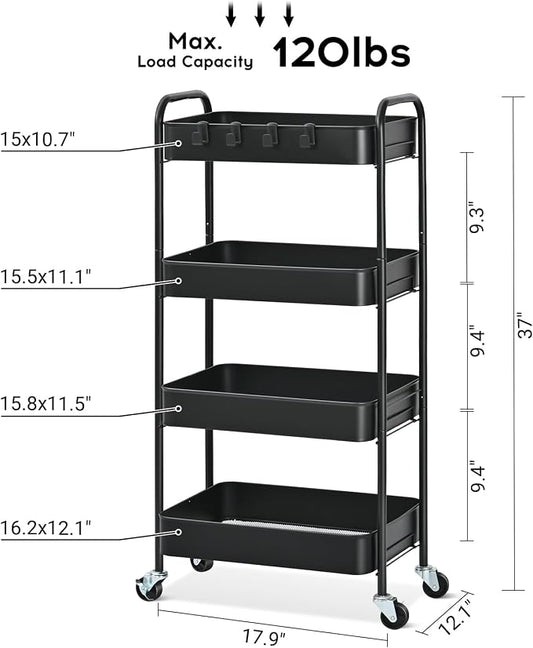 TOOLF 4-Tier Rolling Cart - Metal Storage Organizer with Lockable Wheels, 44 lbs Per Shelf Capacity, Tool-Free Assembly, for Kitchen Bathroom Office Laundry Room Nursery, Black