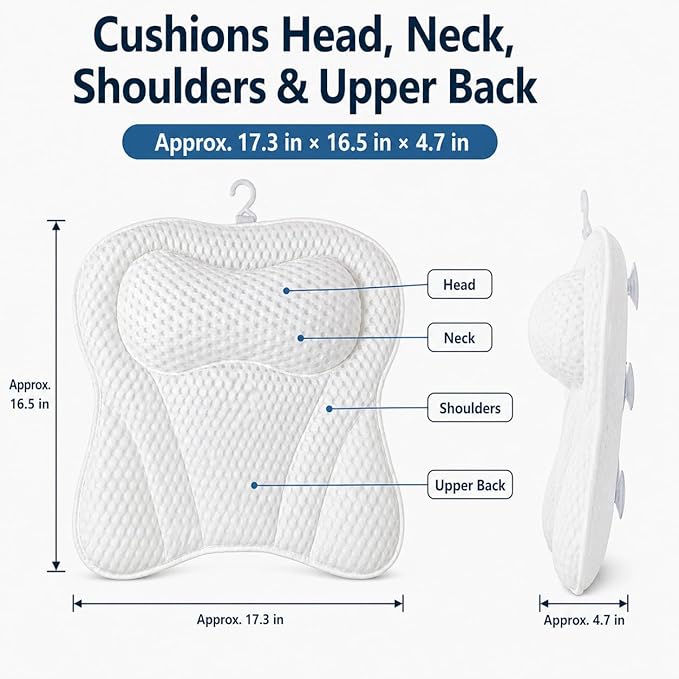 Bath Pillow Bathtub Pillow, Bath Tub Pillows for Head and Neck, Bath Tub Pillow Headrest with Soft Air Mesh Fabric & Strong Suction Cups, Relaxing Bath and Spa Accessories(White)