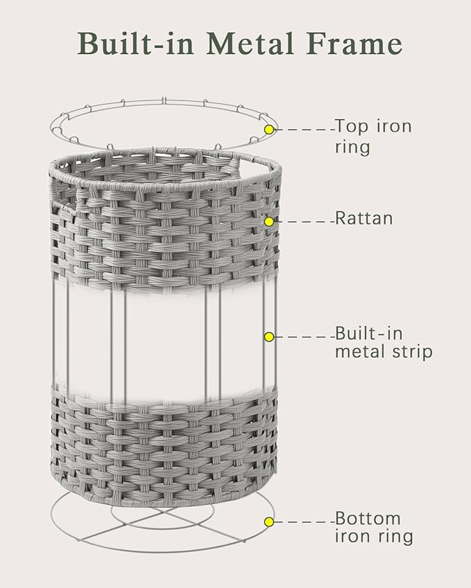 Laundry Basket Round Rattan Laundry Hamper 29.1 Gal(110 L) Handwoven Large Wicker Basket with Handles, Wicker Hamper with Removable Bags and 2 Mesh Bags for Bathroom Living Room Gray(No Lid)