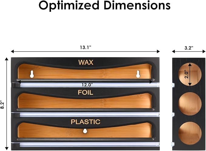 Bamboo Wrap Dispenser with Cutter, Plastic Wrap Organizer, Aluminum Foil Organization, and Wax Paper Dispenser Holder for Kitchen Drawer and Wall, Compatible with 12" Roll (01 Black)