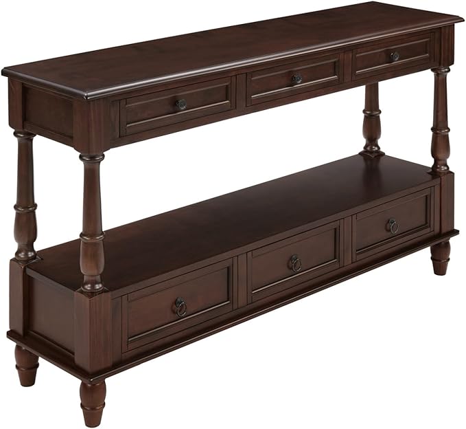 KEIKI 54”L Pine Solid Wood Entryway Console Table with 6 Storage Drawers, Vintage Behind Couch Sofa Table with 2 Tiers Open Shelf for Hallway, Entrance, Entry Way, Living Room, Foyer
