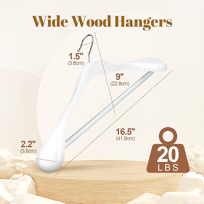 HOUSE DAY Wooden Suit Hangers 6 Pack,Heavy Duty Wide Shoulder Hangers, Solid Wood Coat Hanger with Non-Slip Pant Bar for Petite Adults, Teens and Small Suits, Coats, Jackets (White, 16.5‘’)