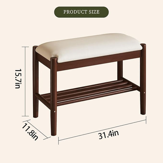 Solid Wood Shoe Bench with Cushion, 2-Tier Shoe Rack for Front Door Entrance, Enterway Benches with Shoe Storage (Walnut, 31.5in)