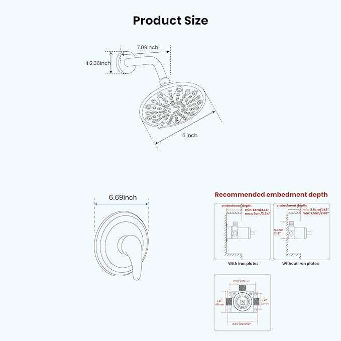 gotonovo Shower Faucet Set Bathroom Shower Head and Handle Set Complete 6 Settings 6 inch Rainfall Shower Head Kit High Pressure Shower System Combo Shower Trim Kit with Valve Brushed Nickel