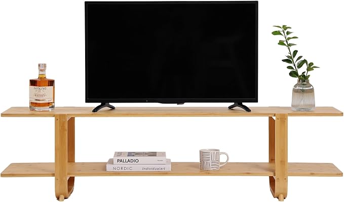 Tiita Bamboo TV Stand for 55 Inch TV, Entertainment Center with 2 Open Shelf, Mid Century Modern Media Console for Living Room, Bedroom, Wood