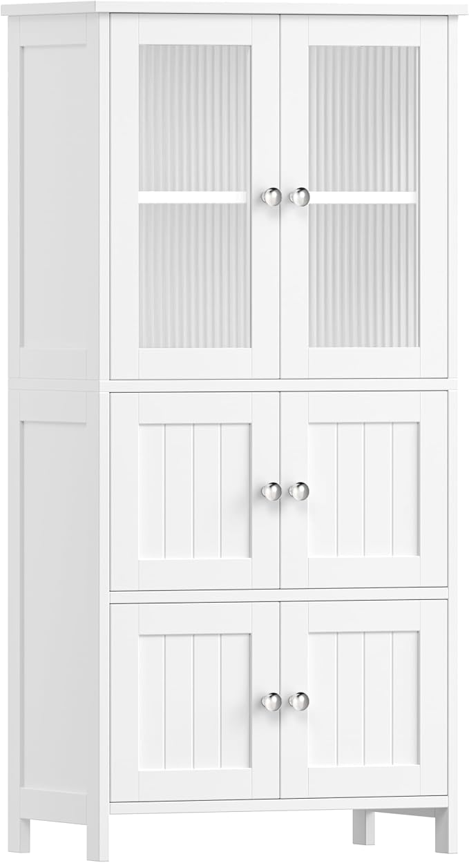 Akxomel 43.3'' H Bathroom Storage Cabinet, Bathroom Floor Cabinet with 6 Doors, Linen Cabinet with Transparent Doors, Modern Bathroom Cabinet for Living Room, Kitchen, Entryway, White