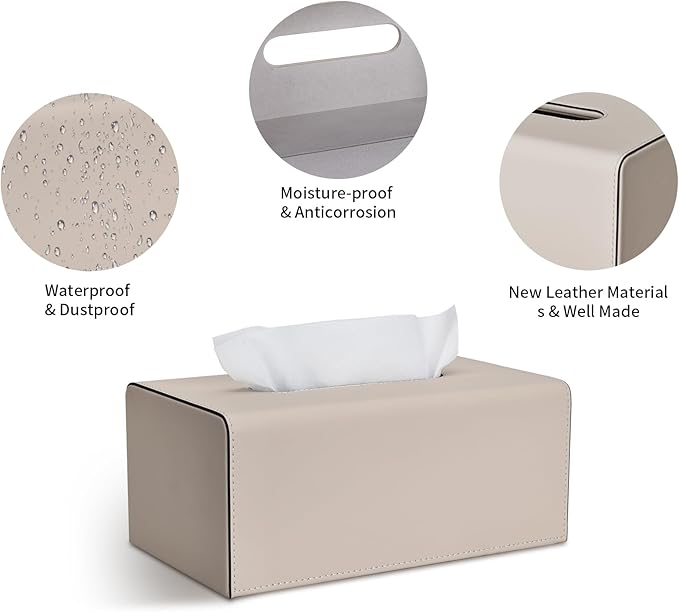 Tissue Box Cover, PU Leather Rectangular Tissue Box Holder with Magnetic Bottom Cover for Facial Tissues/Napkins, Office & Living Room Decor Box for Standard 120-count (3-Ply) 160-count (2-Ply) Beige