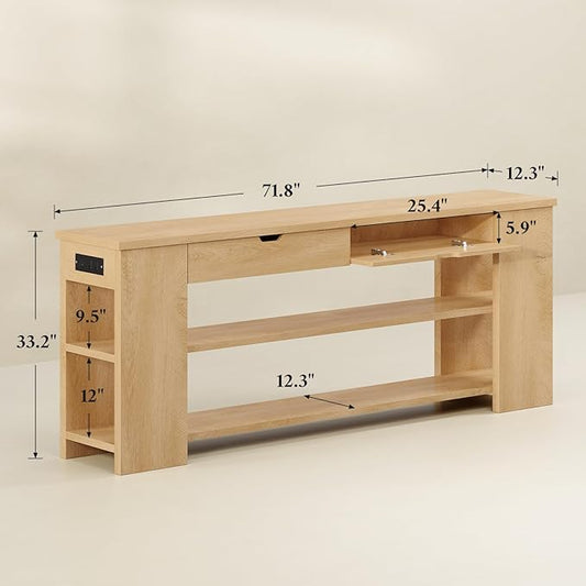 71.8" Extra Long Console Table, Farmhouse Sofa Table with Generous Storage and Built-in Outlet, Sturdy Entryway Table for Living Room, Entrance, Hallway, Foyer, Natural Wood