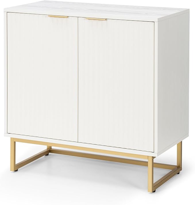 Fluted Storage Cabinet Sideboard Buffet Cabinet, Modern Accent Cabinets with Adjustable Shelves, Wooden Credenza, Console Table Entryway Cabinets for Living Dining Room, White