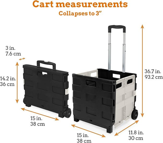 Inspired Living Ultra-Slim Rolling Collapsible Storage Pack-N-Roll Utility-carts, with Telescopic Handle, for Home, Garden, Shopping, Office, School use, Medium, White & Black