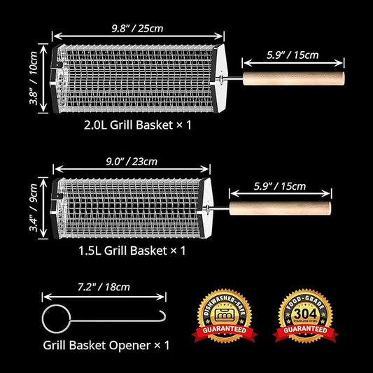 ivtivfu Rolling Grill Basket, Removable Wooden Handle, 304 Stainless Steel, Nesting Grilling Tools, Smoker BBQ Accessories for Vegetable, Outdoor Cooking Camping, Birthday Gifts for Men Dad Husband