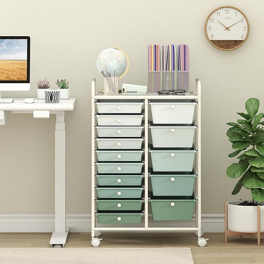 LDAILY 15 Drawer Rolling Storage Cart, Rolling Cart with Drawers for Classroom, Art Supply Craft Organizer on Wheel with Metal Frame & Handles for Home Office School (Gradient Green, 15 Drawer)