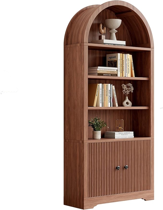 70" Arched Bookcase with Storage, 6 Tier Bookshelf with Door, Freestanding Display Storage Cabinet Farmhouse Storage Shelves for Living Room,Bedroom Home Office,Walnut Oak